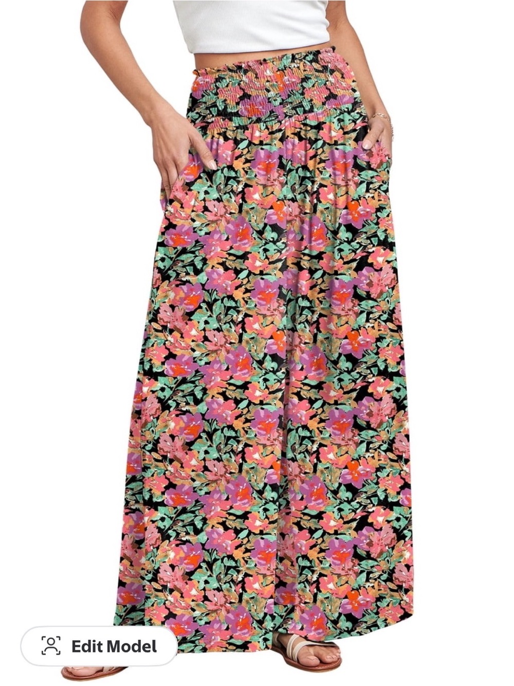 Smocked-Waist Floral Maxi Skirt - Black with Pink & Green
